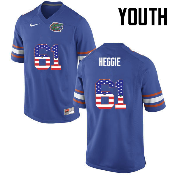 Youth Florida Gators #61 Brett Heggie College Football USA Flag Fashion Jerseys-Blue